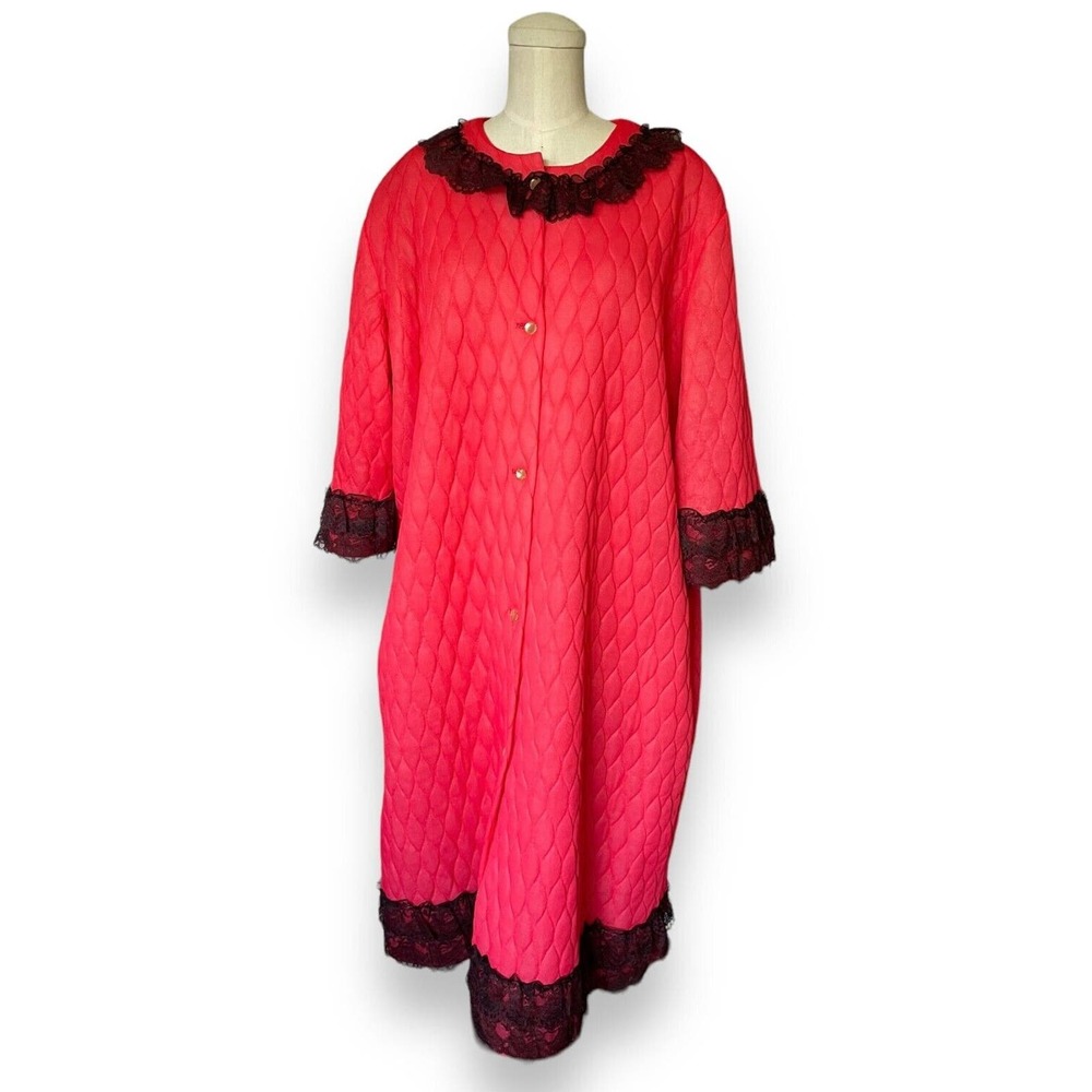 Vintage 50s 60s Paulette Red Quilted Loungewear Robe Black Lace Sz 16 House Coat